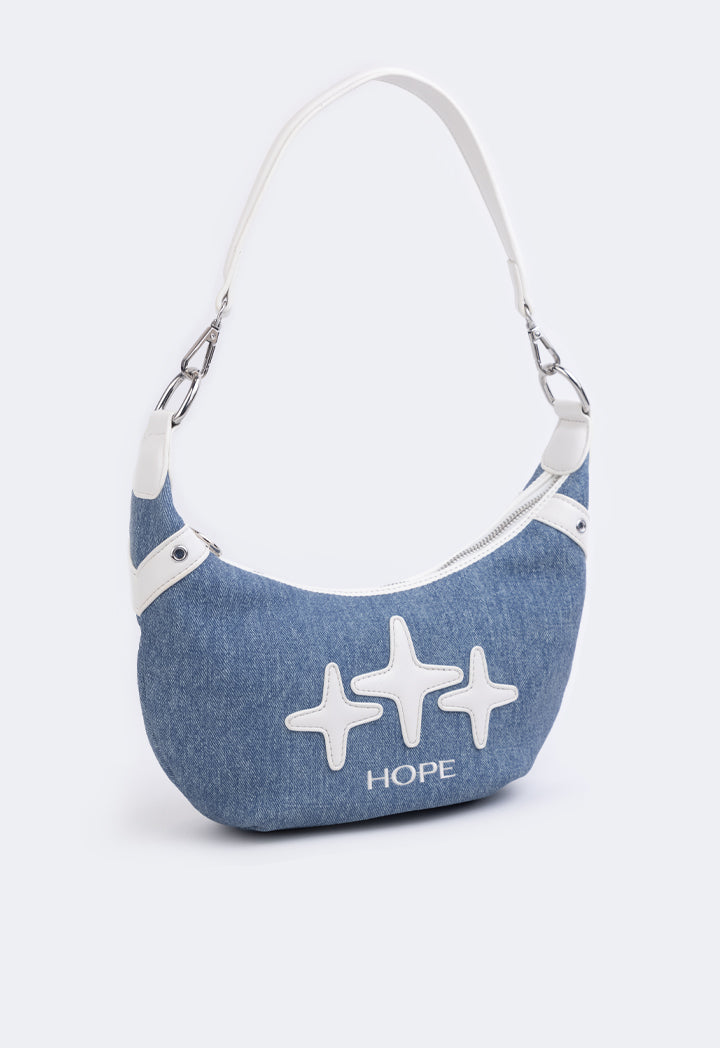 Hope Sparkle Pattern Denim Shoulder Bag Blue