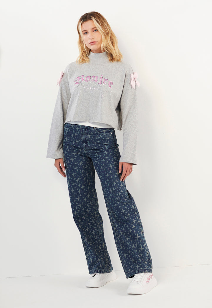 Hope Crystal Embellished Cropped Sweatshirt Grey Melange