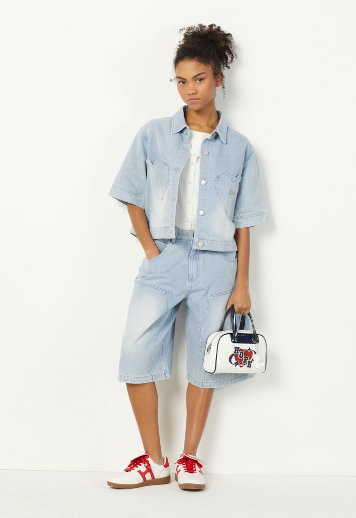 Hope Faux Pearls Embellished Denim Jacket Denim Blue