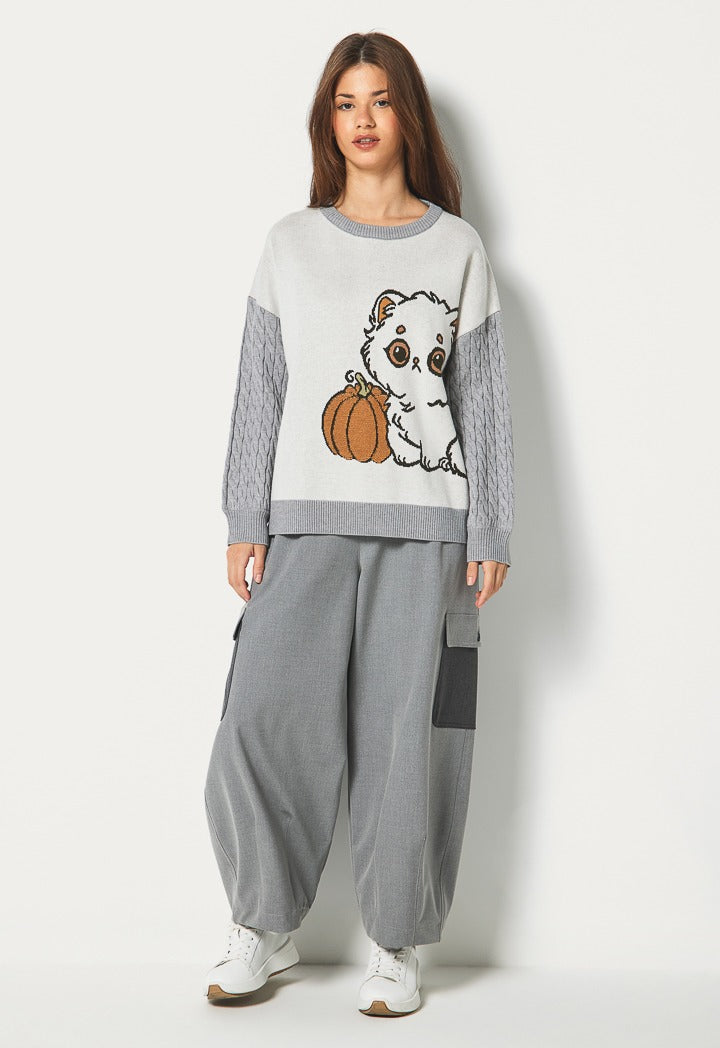 Hope Textured Sleeves Sweater Grey/Off White