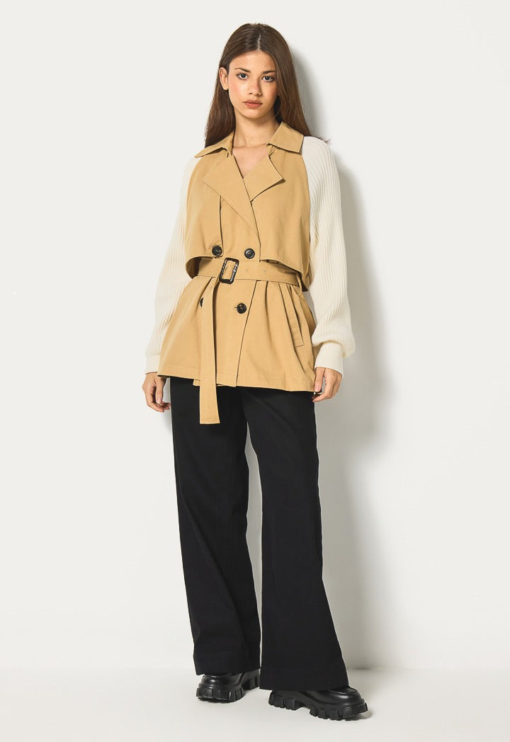 Hope Knitted Sleeves Trench Coat Beige