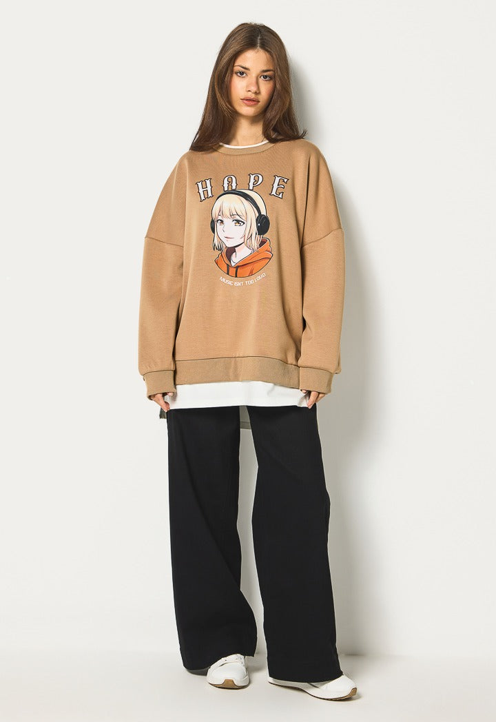 Hope Printed Embroidered Sweatshirt Light Brown