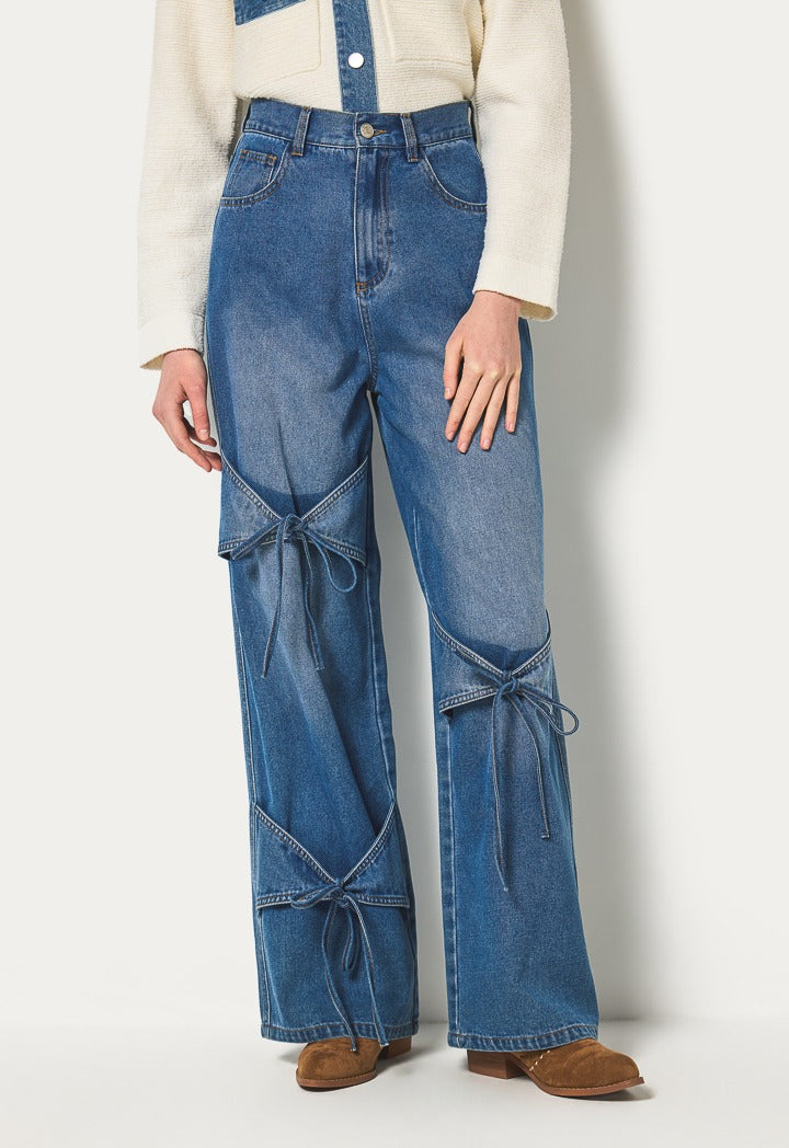 Hope Ribbon Detailed Wide Leg Jeans Denim Blue