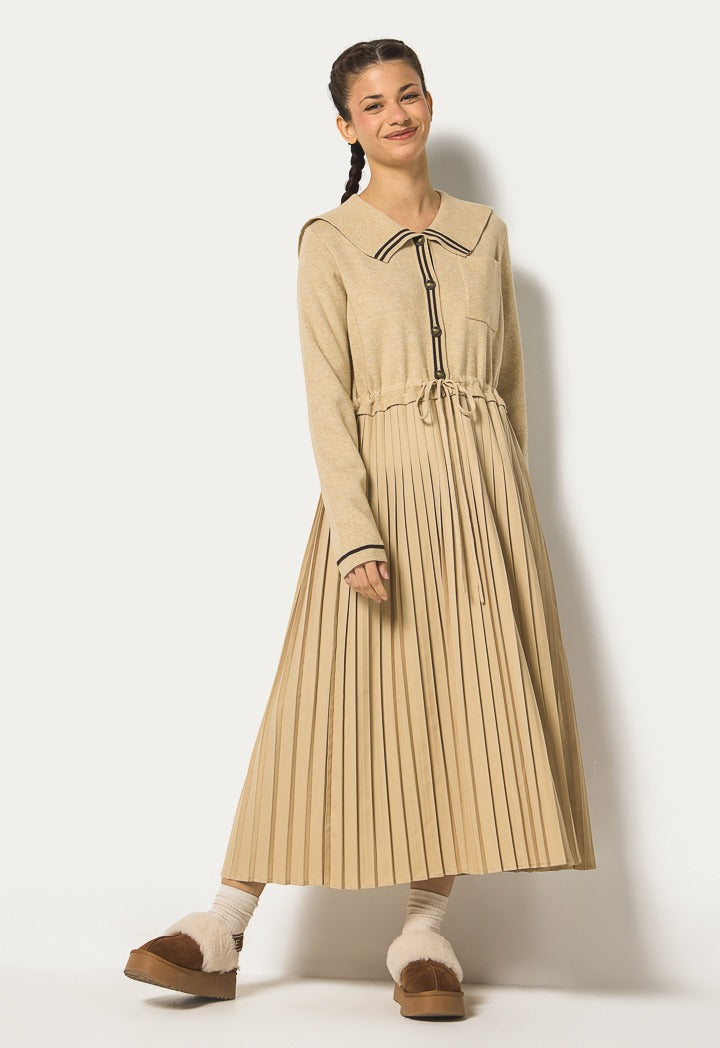 Hope Sailor Collar Pleated Dress Beige