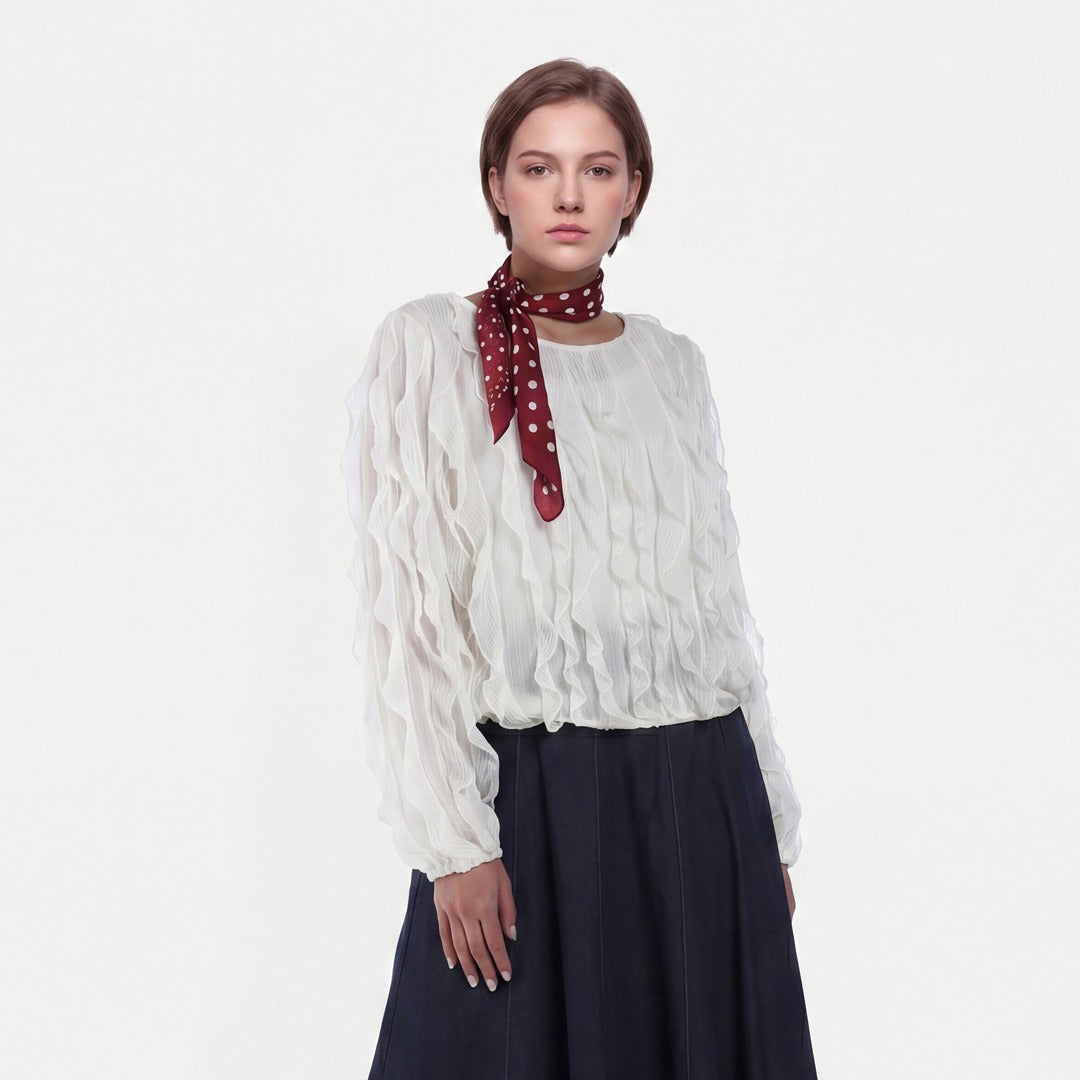 Knitted Ruffled Blouse with Sheer Details