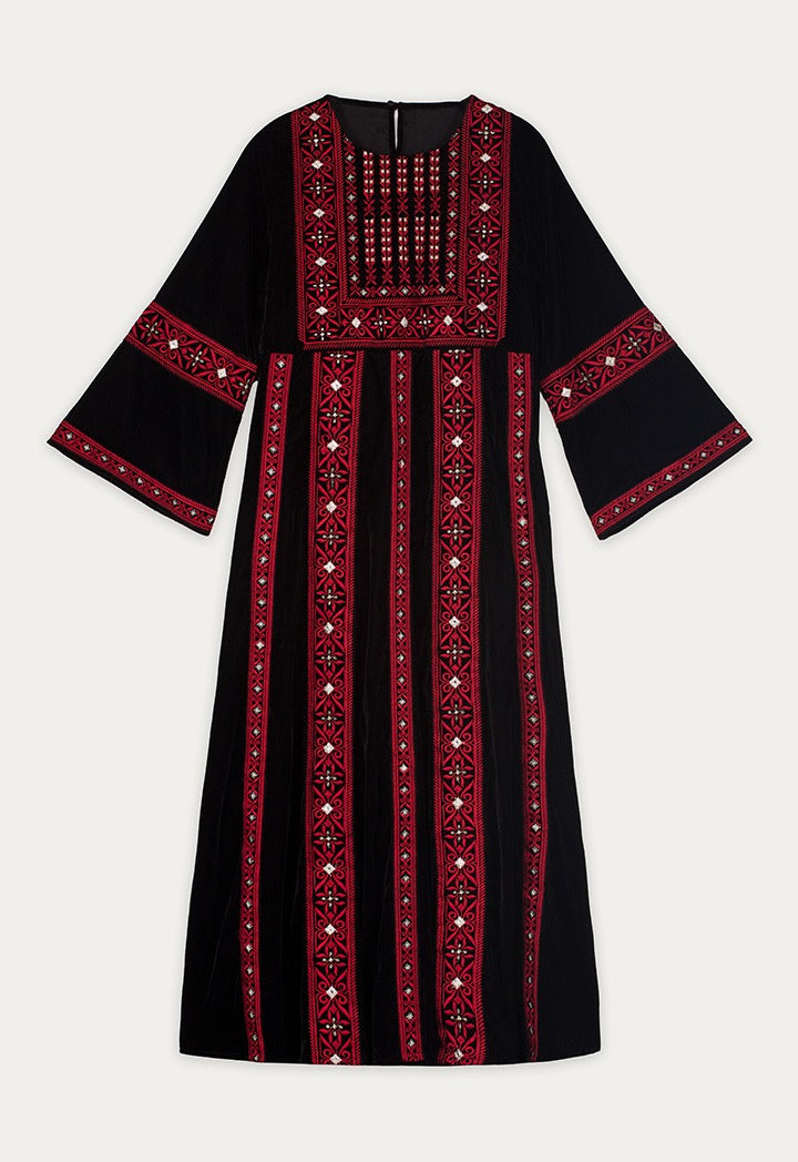Traditional Embroidered Velvet Dress Black