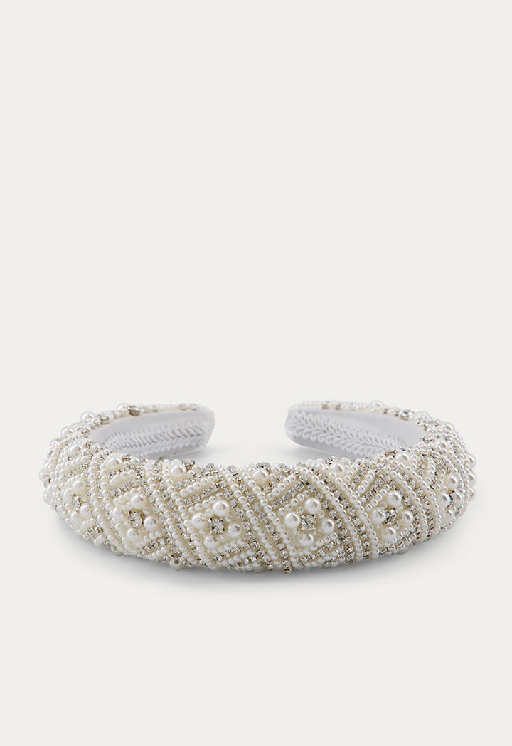 Faux Pearls Embellished Headband White