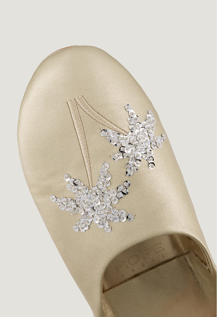 Palm Sequin Embellished Flat Mules Gold