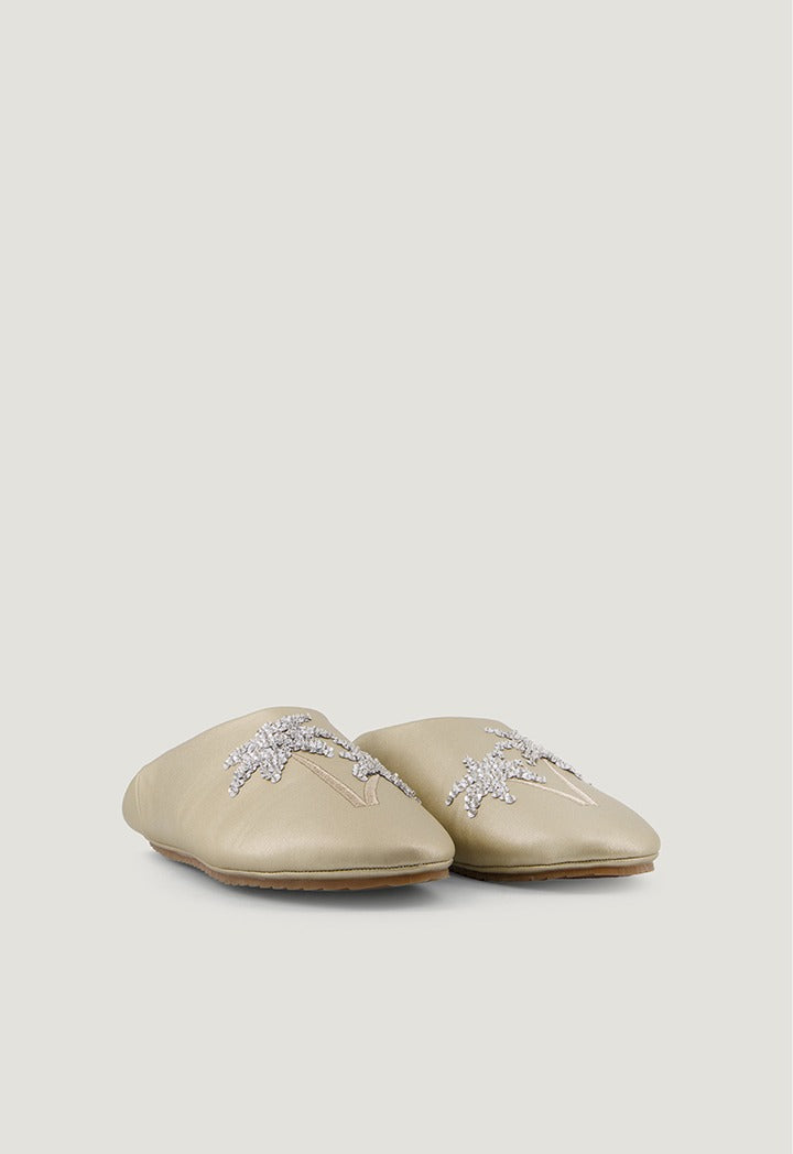 Palm Sequin Embellished Flat Mules Gold