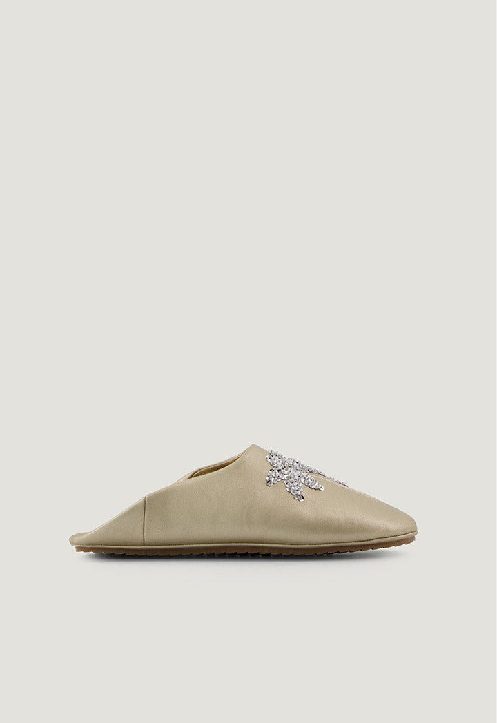 Palm Sequin Embellished Flat Mules Gold