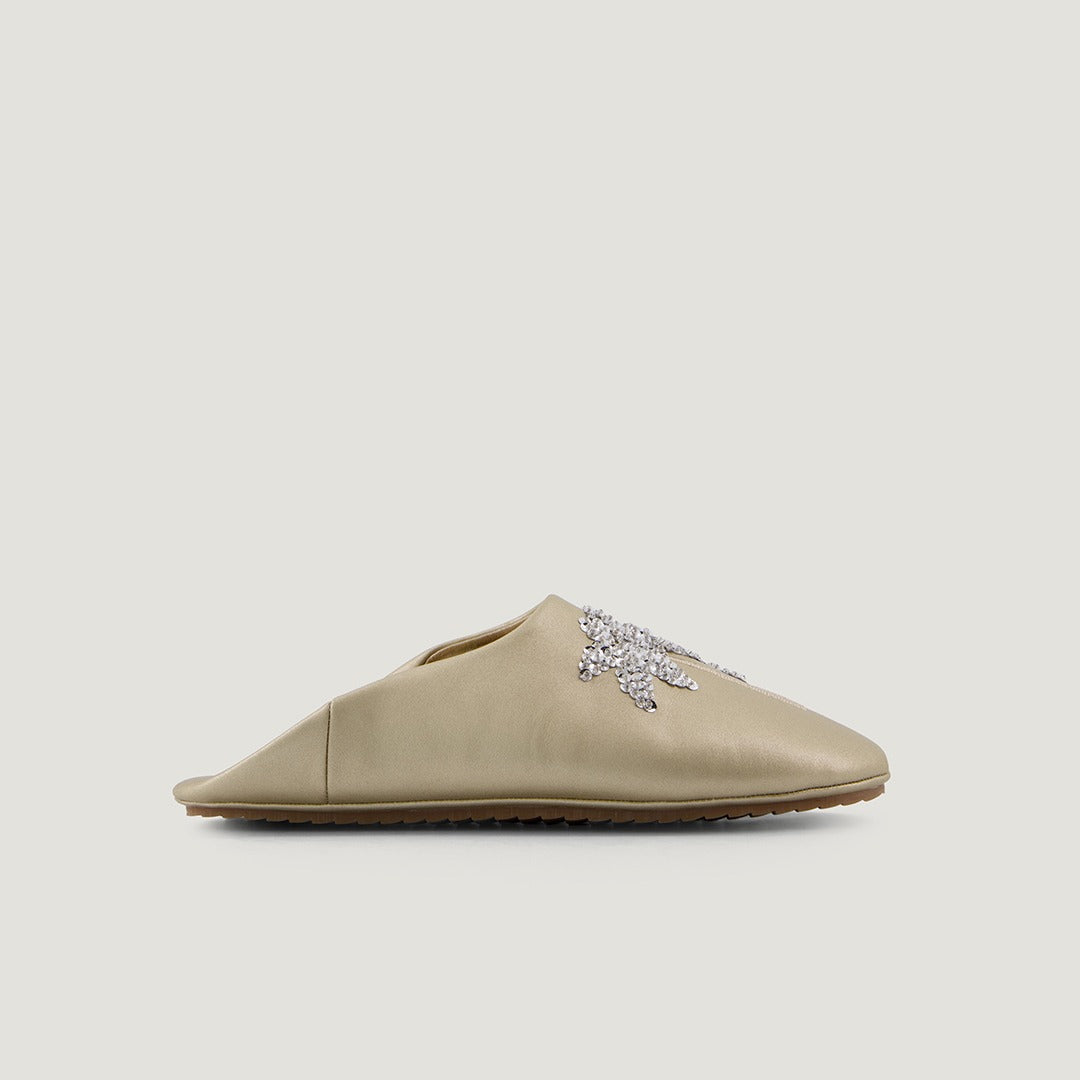 Palm Sequin Embellished Flat Mules Gold