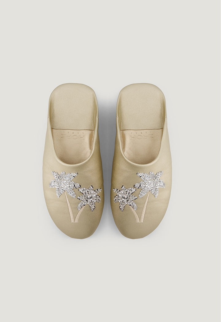 Palm Sequin Embellished Flat Mules Gold