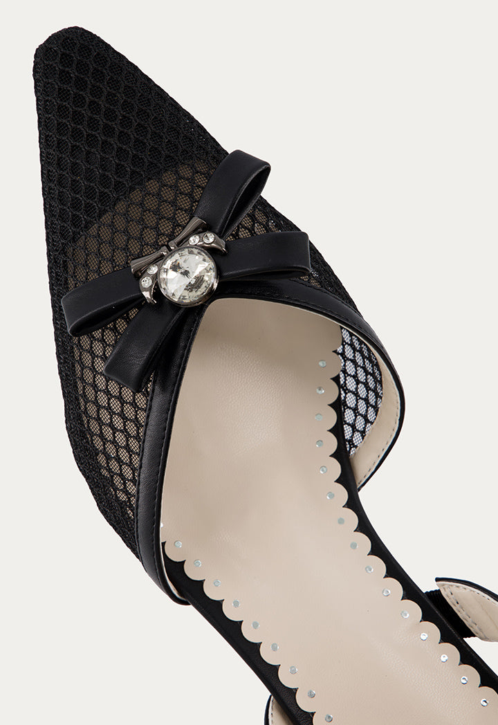 Crystal Embellished Mesh Heels Black