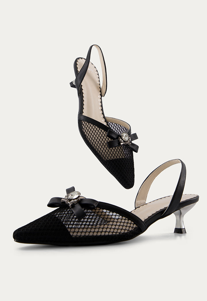 Crystal Embellished Mesh Heels Black