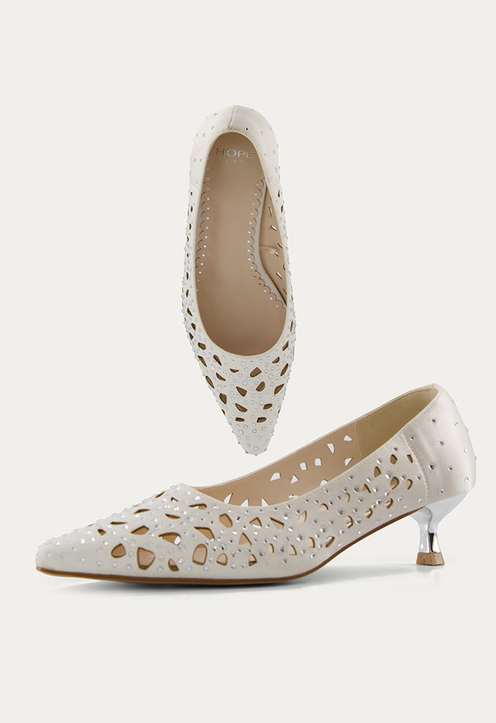 Laser Cut Pointed Toe Heels Champagne