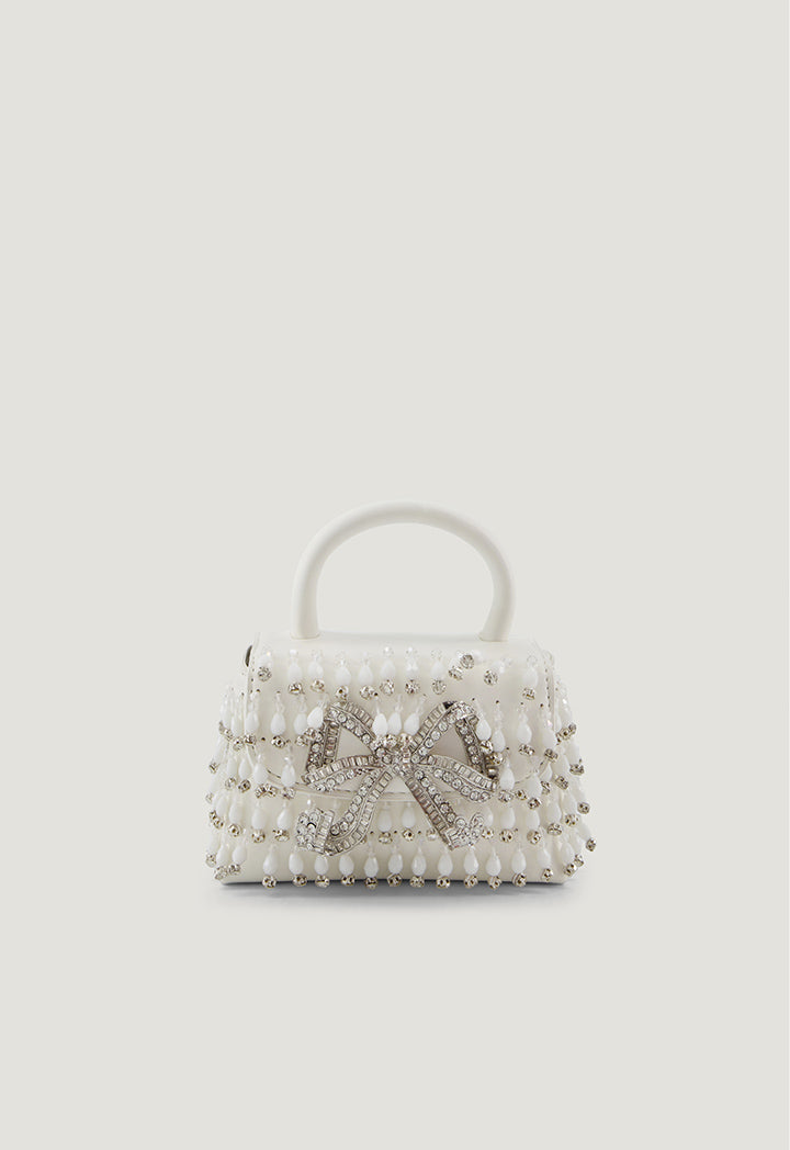 Crystal Embellished Bow Mini Bag White