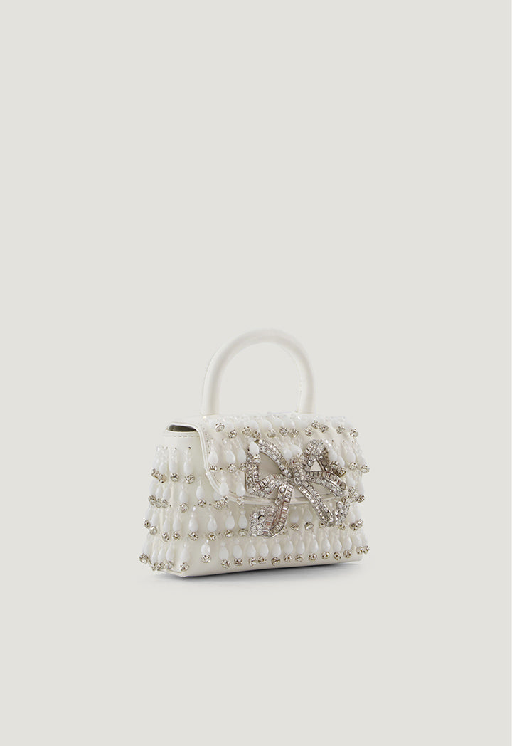 Crystal Embellished Bow Mini Bag White