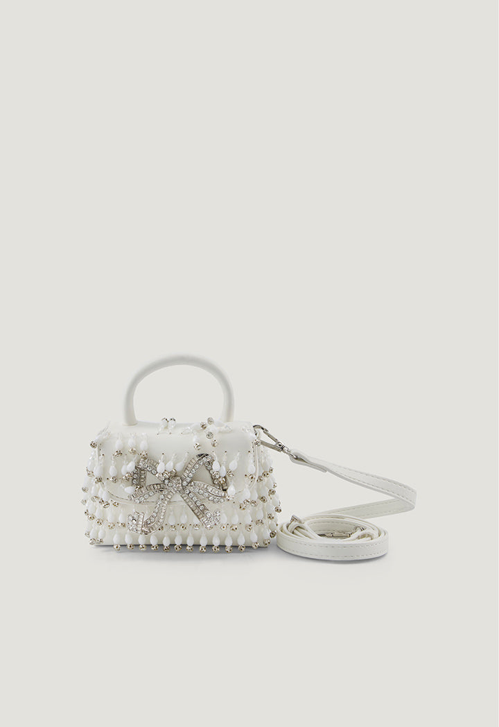 Crystal Embellished Bow Mini Bag White