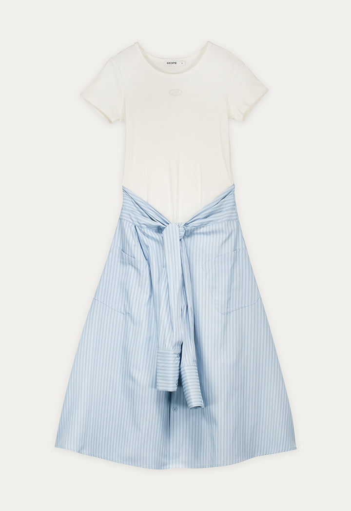 Knitted Solid Dress with Striped Shirt Details