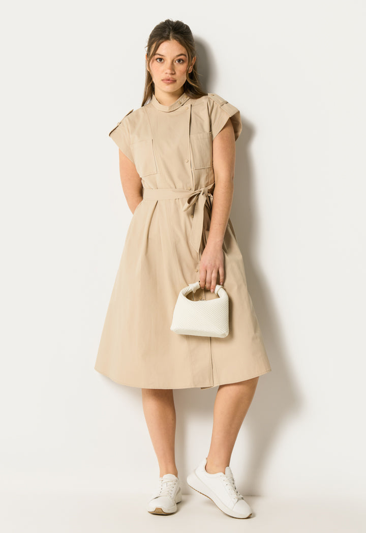 Pleated Solid Shirt Dress