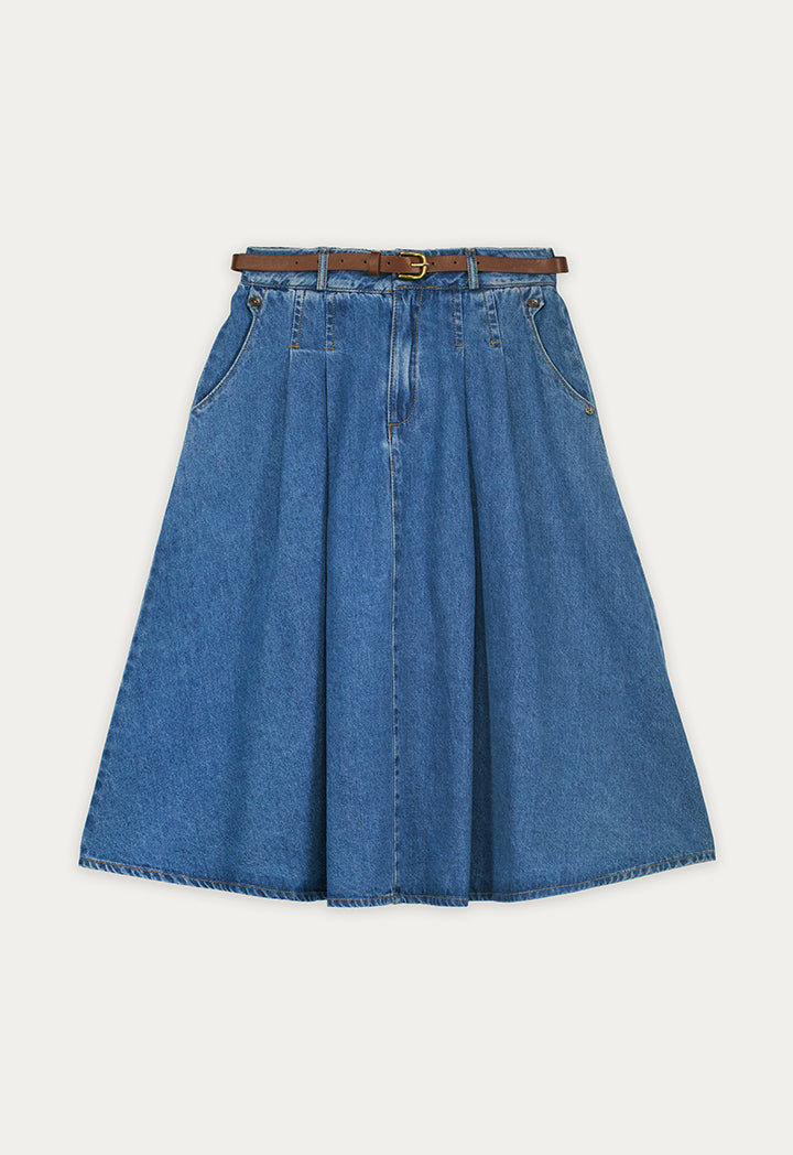 Pleated High Waist Denim Skirt