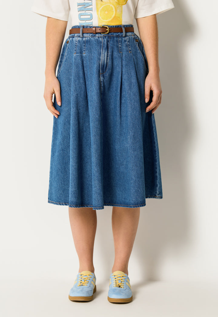 Pleated High Waist Denim Skirt