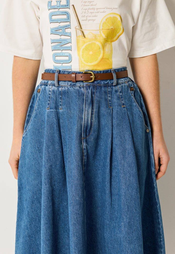 Pleated High Waist Denim Skirt