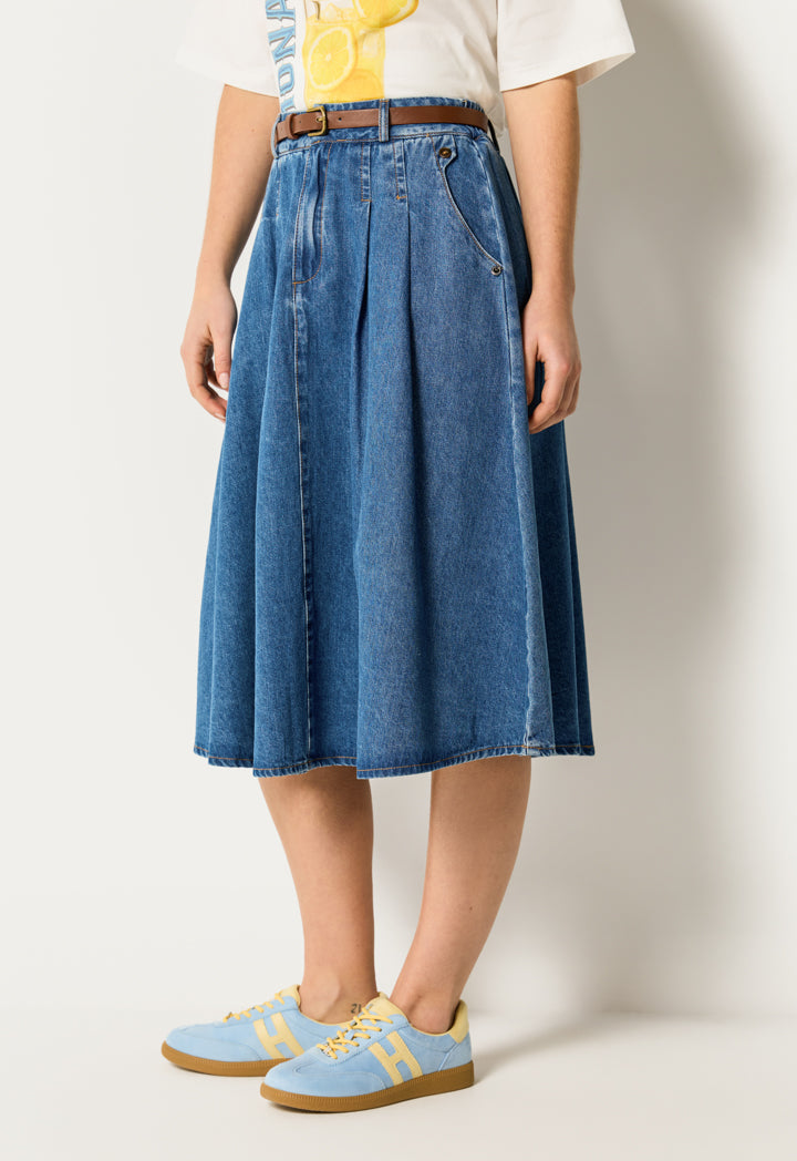 Pleated High Waist Denim Skirt