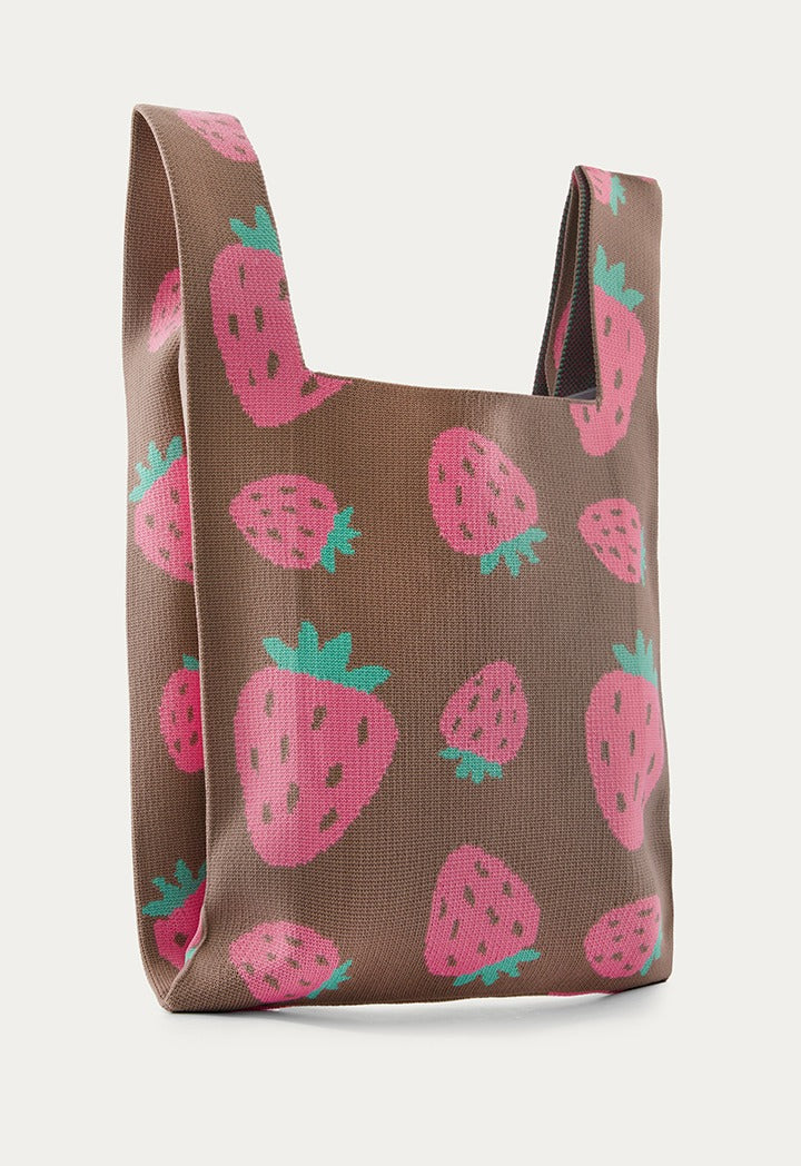Strawberry-Pattern Knitted Tote Bag