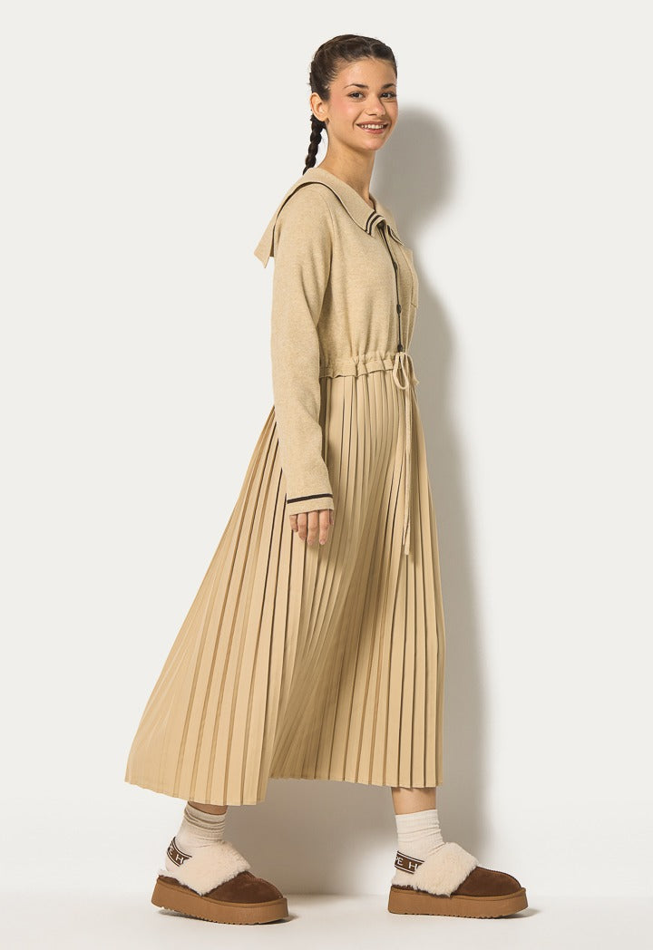 Hope Sailor Collar Pleated Dress Beige