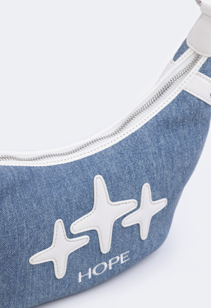 Hope Sparkle Pattern Denim Shoulder Bag Blue