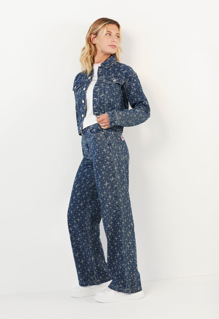 Hope Sparkle Pattern Denim Jacket Denim Blue