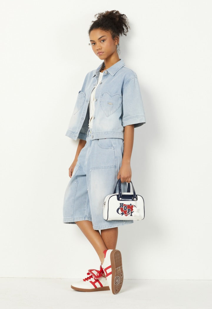 Hope Faux Pearls Embellished Denim Jacket Denim Blue