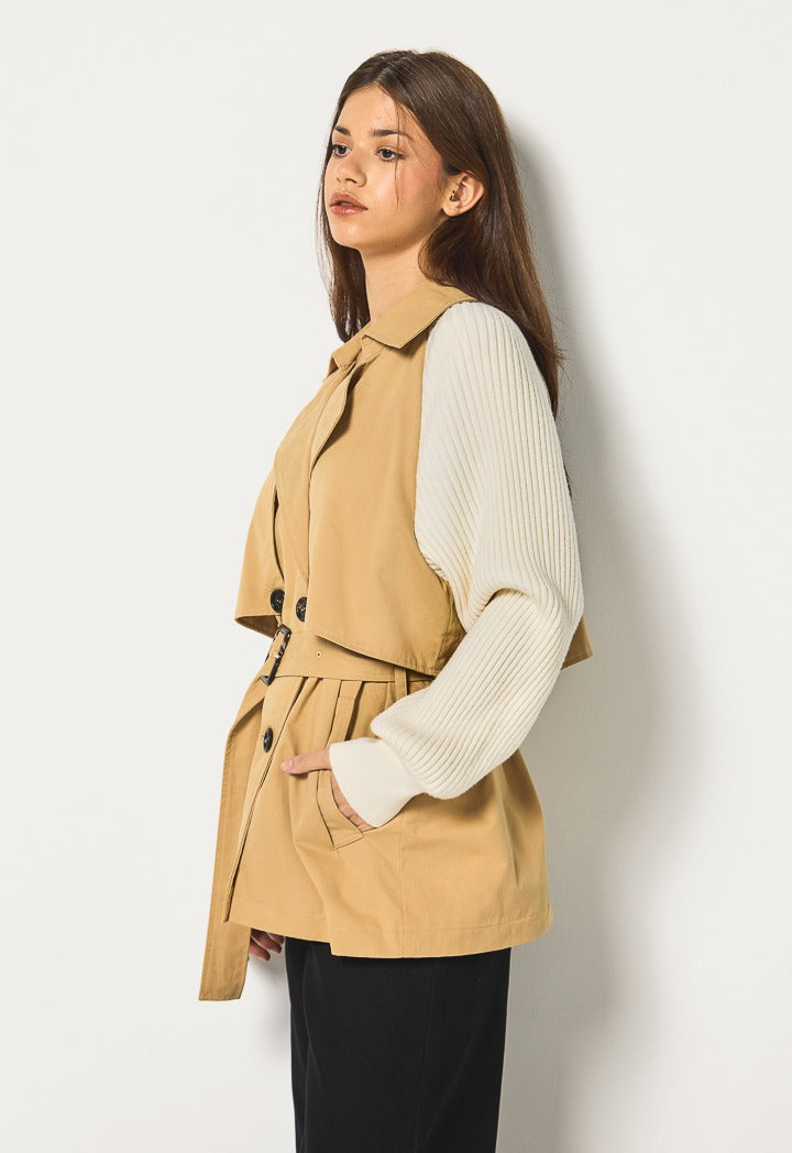 Hope Knitted Sleeves Trench Coat Beige