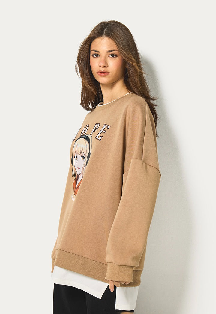 Hope Printed Embroidered Sweatshirt Light Brown