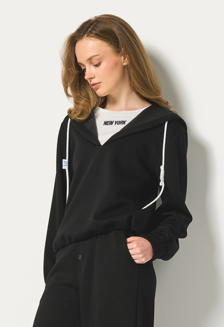 Hope Contrast Crew Neck Hoodie Black