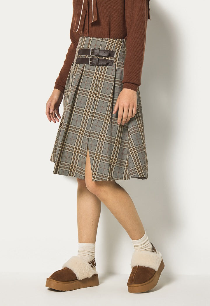 Hope Plaid Front Slit Skirt Multi Color