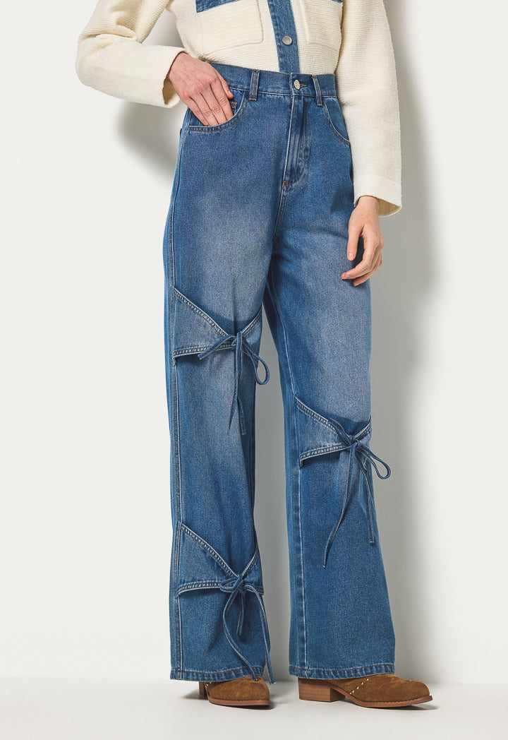 Hope Ribbon Detailed Wide Leg Jeans Denim Blue