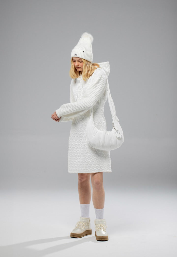 Mixed-Fabric Solid Dress Off White