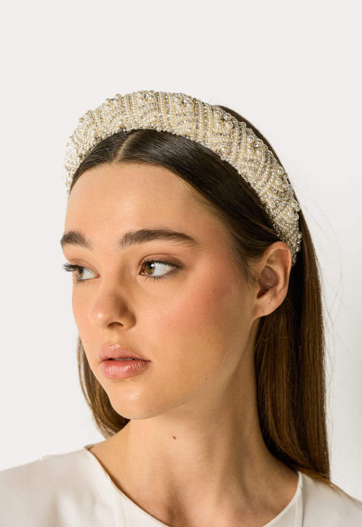 Faux Pearls Embellished Headband White