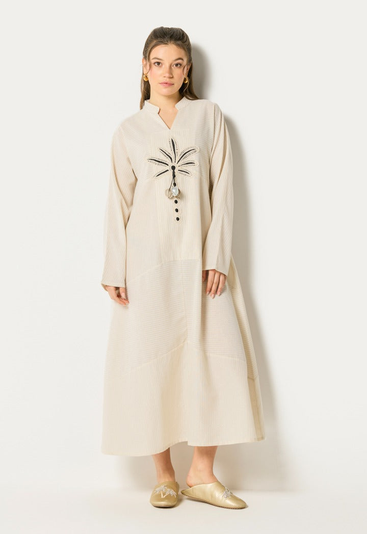 Striped Palm Details Dress Beige