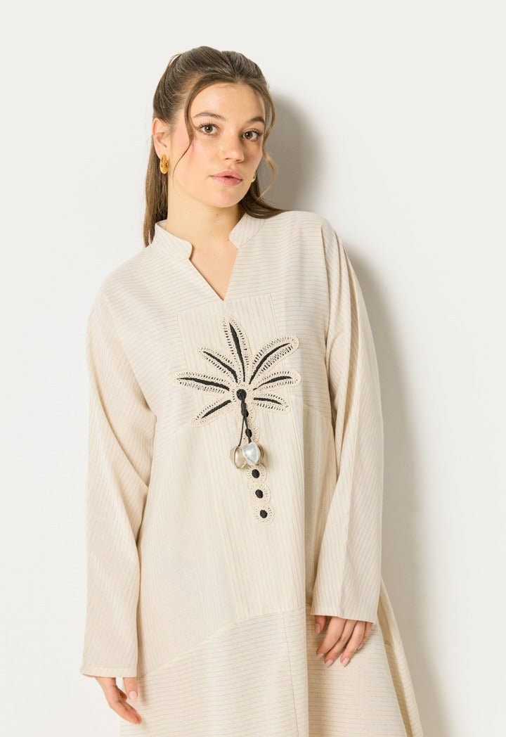 Striped Palm Details Dress Beige