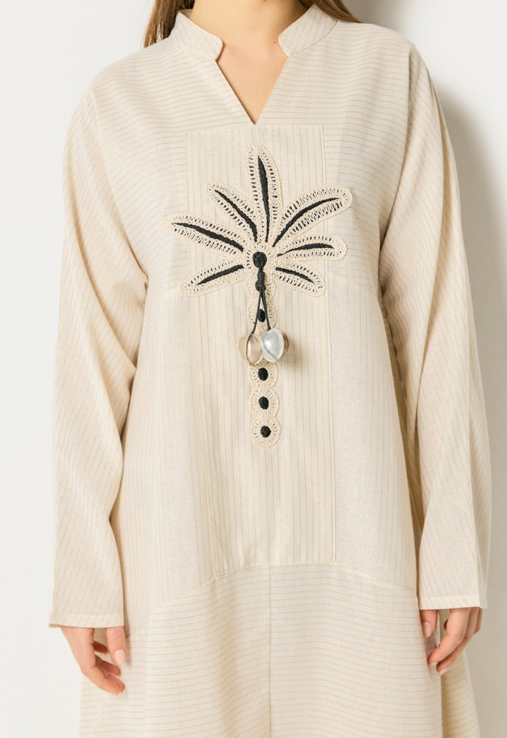 Striped Palm Details Dress Beige