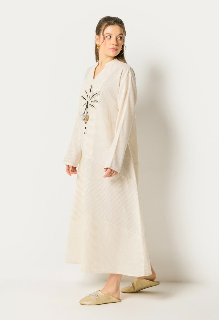 Striped Palm Details Dress Beige