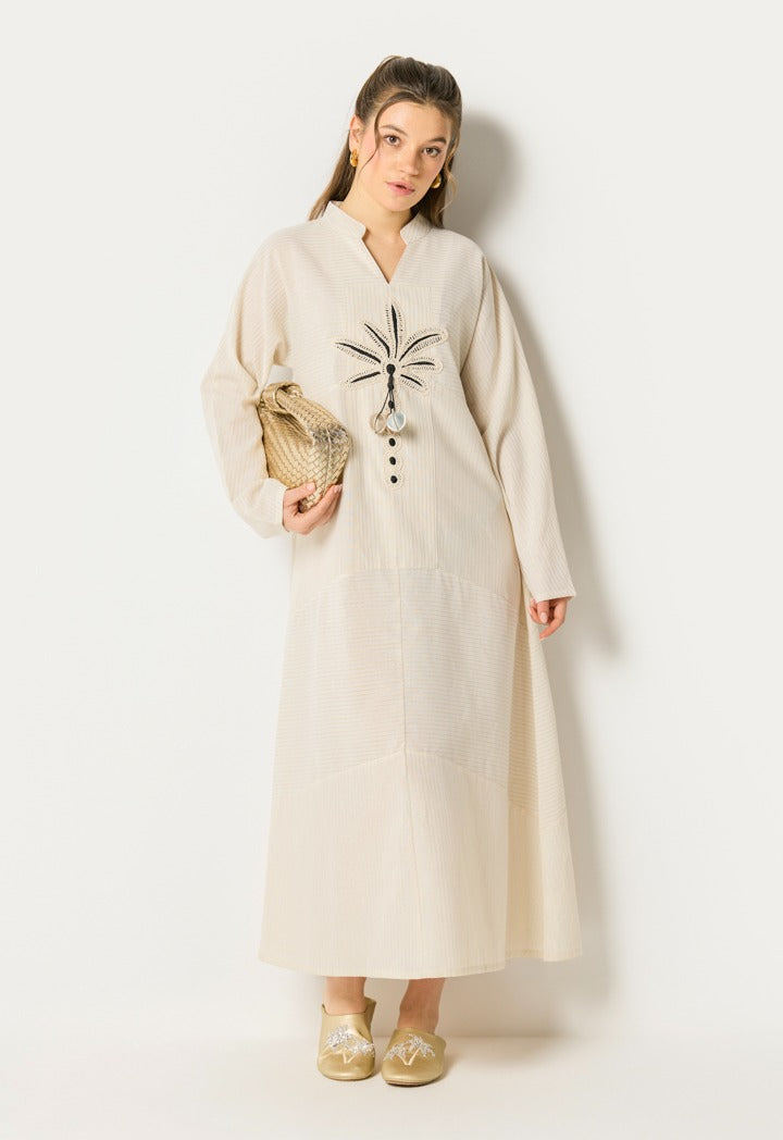 Striped Palm Details Dress Beige