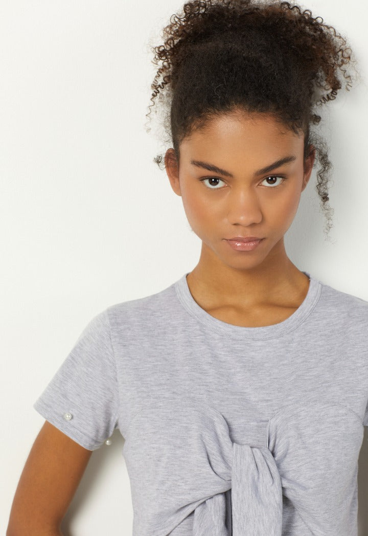 Hope Faux Pearls Embellished T-Shirt Grey Melange