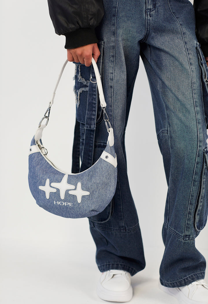 Hope Sparkle Pattern Denim Shoulder Bag Blue