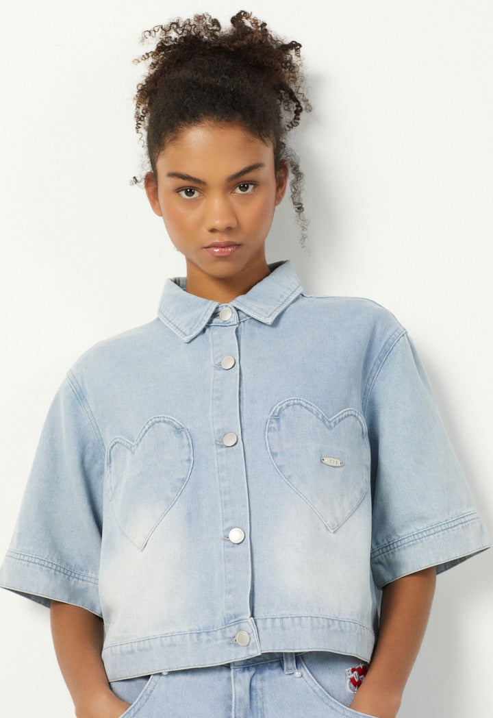 Hope Faux Pearls Embellished Denim Jacket Denim Blue
