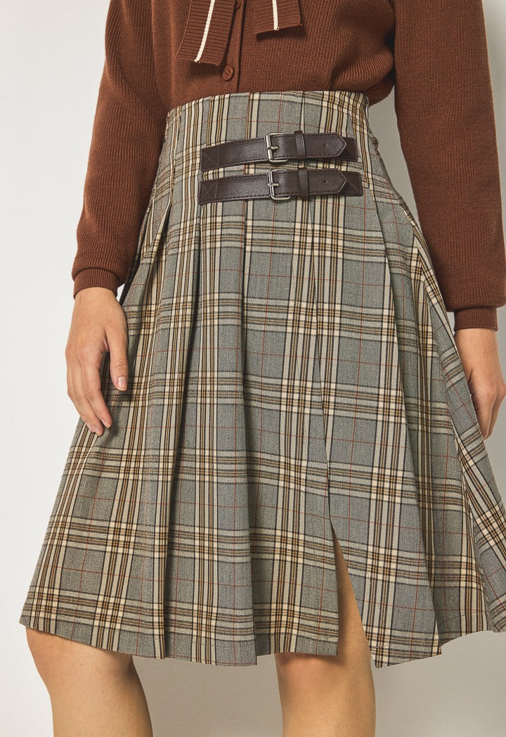 Hope Plaid Front Slit Skirt Multi Color