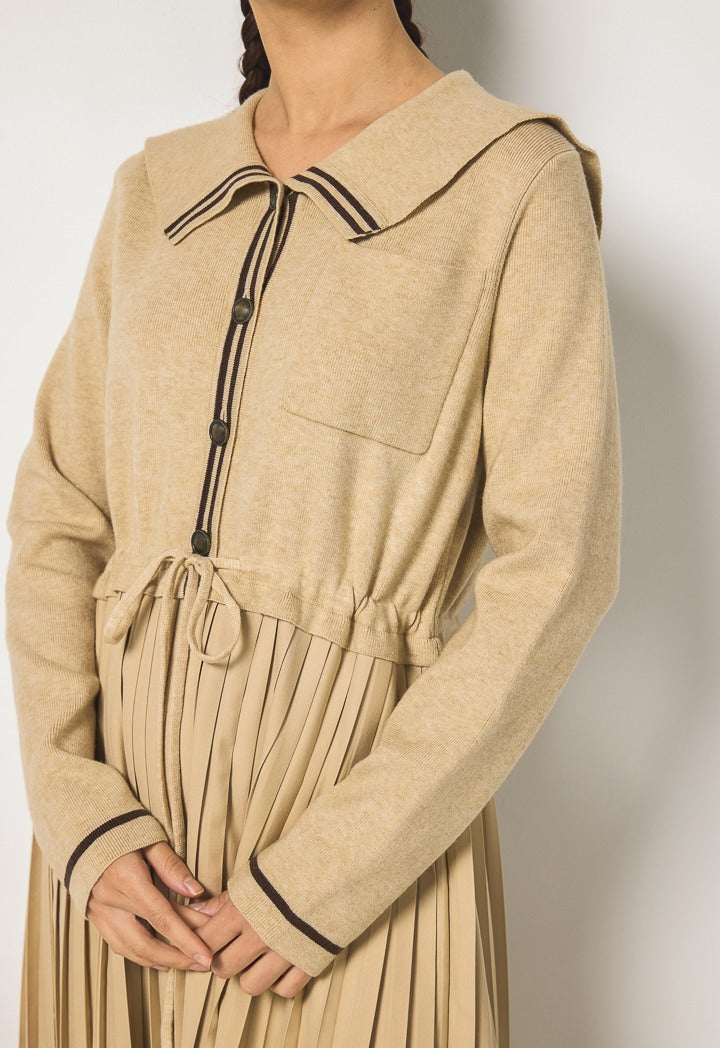 Hope Sailor Collar Pleated Dress Beige